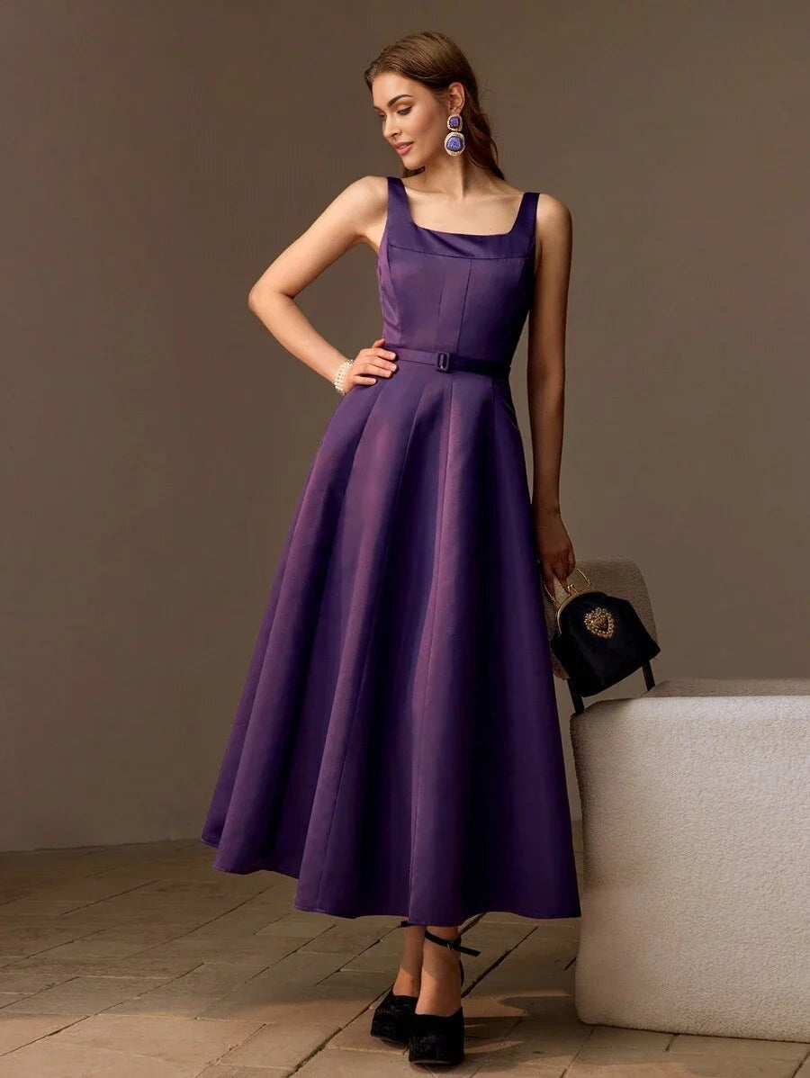 PREMIUM SOLID BUCKLE BELTED FLARE HEM LONG DRESS