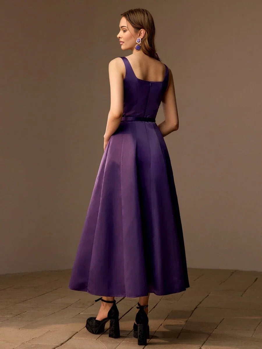 PREMIUM SOLID BUCKLE BELTED FLARE HEM LONG DRESS