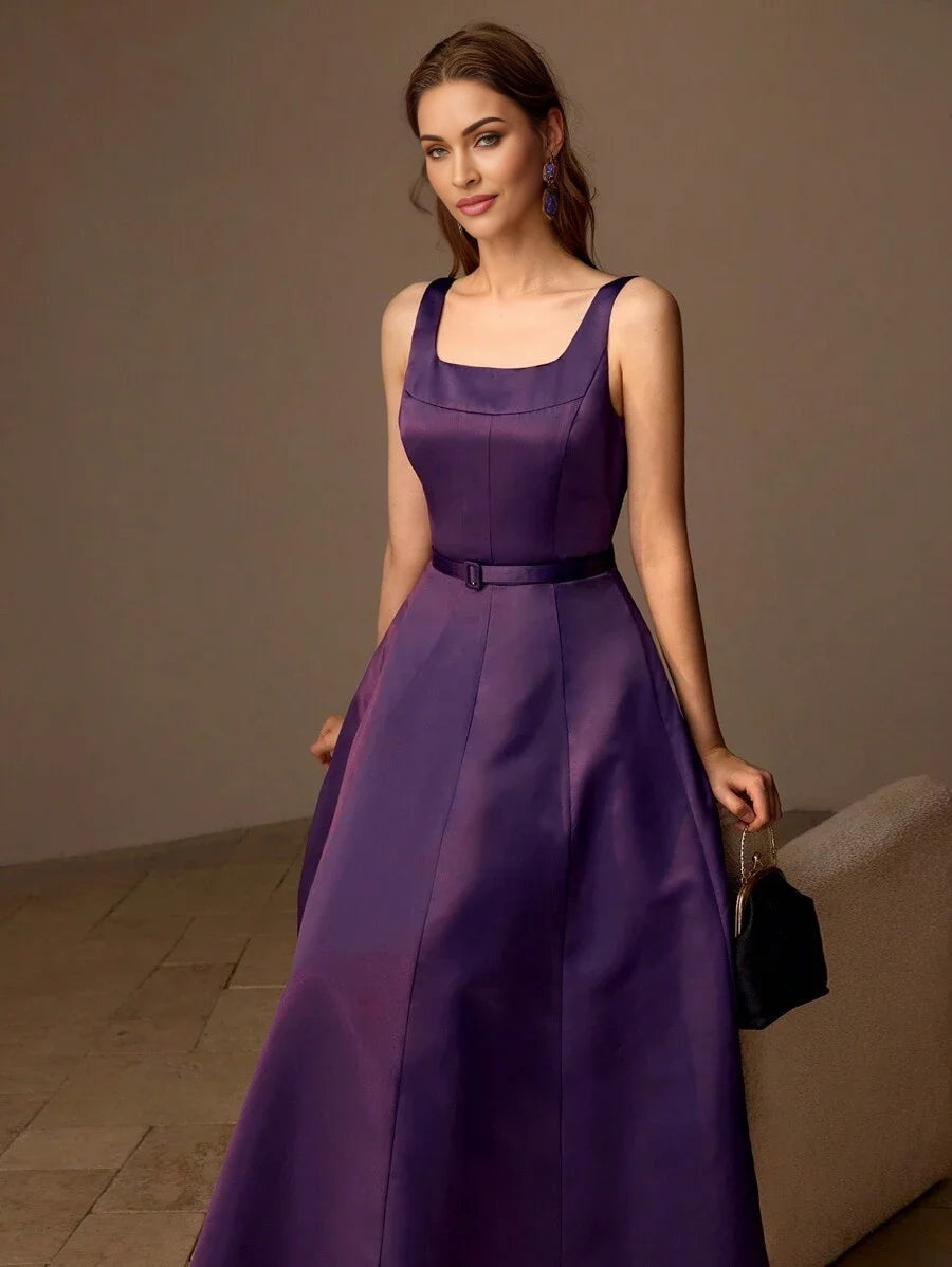 PREMIUM SOLID BUCKLE BELTED FLARE HEM LONG DRESS