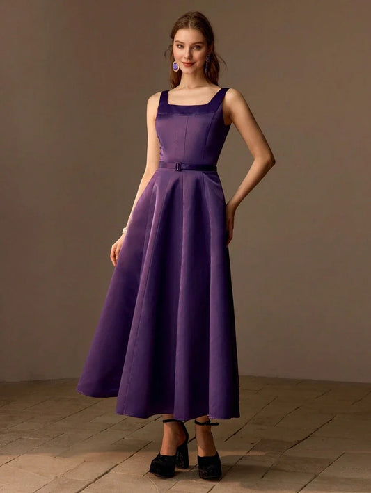 PREMIUM SOLID BUCKLE BELTED FLARE HEM LONG DRESS