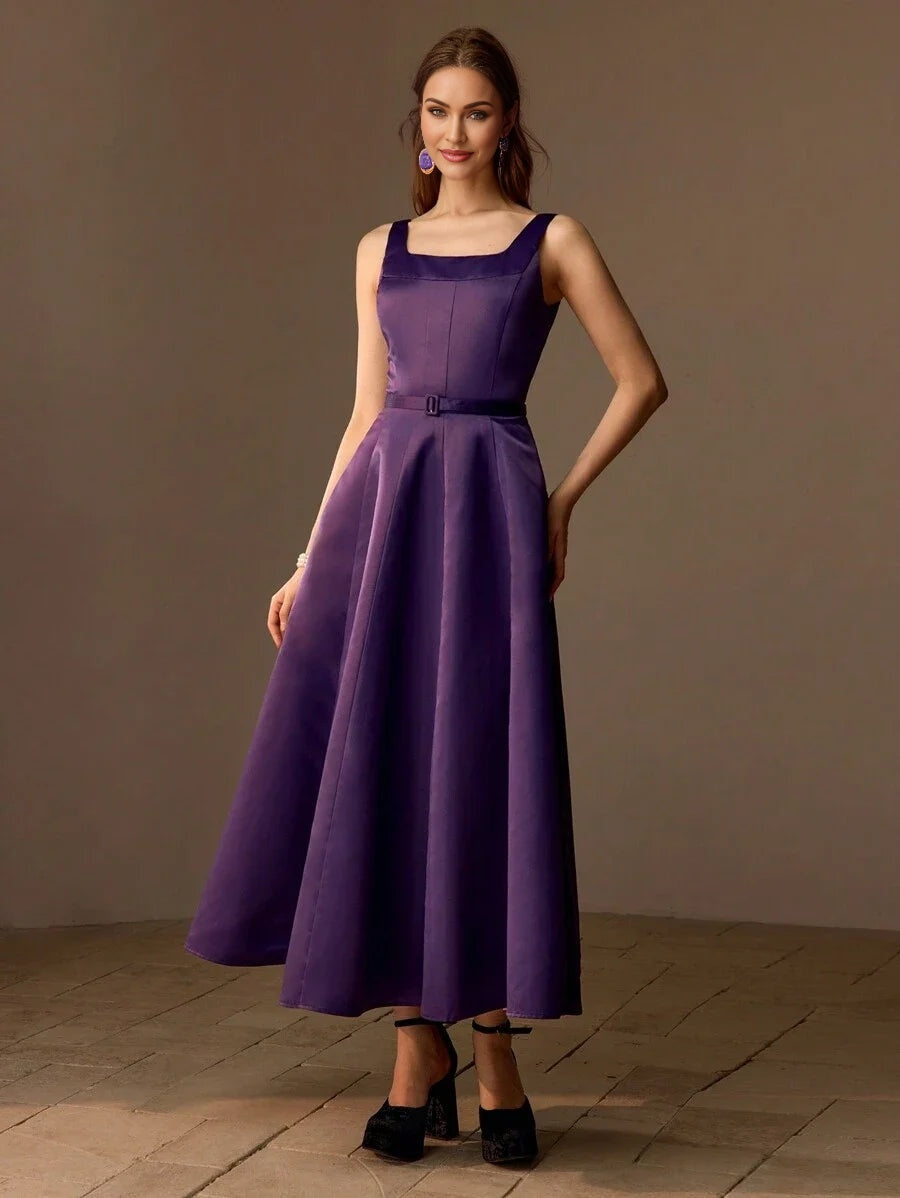 PREMIUM SOLID BUCKLE BELTED FLARE HEM LONG DRESS