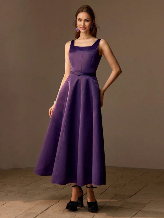 PREMIUM SOLID BUCKLE BELTED FLARE HEM LONG DRESS