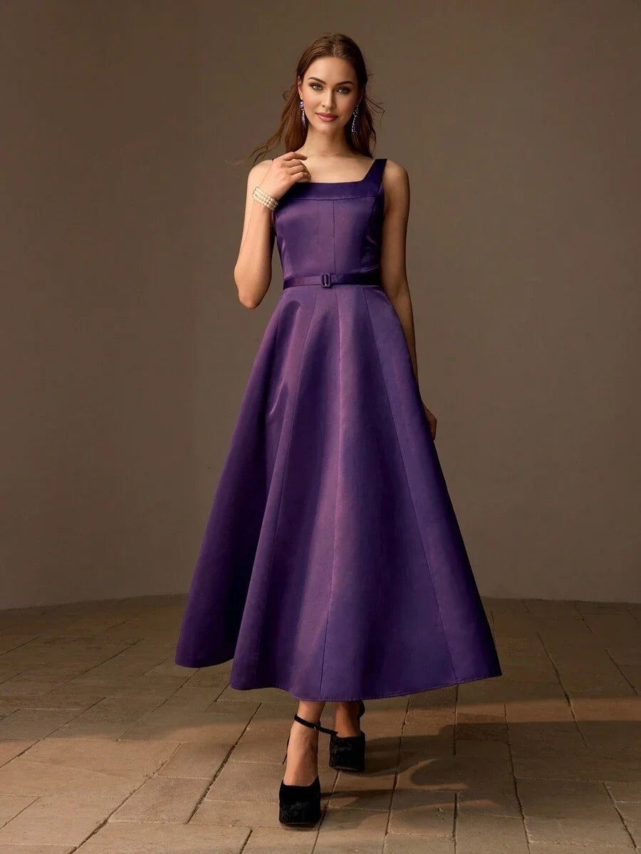 PREMIUM SOLID BUCKLE BELTED FLARE HEM LONG DRESS