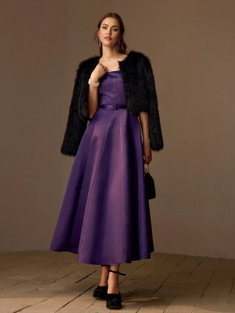 PREMIUM SOLID BUCKLE BELTED FLARE HEM LONG DRESS