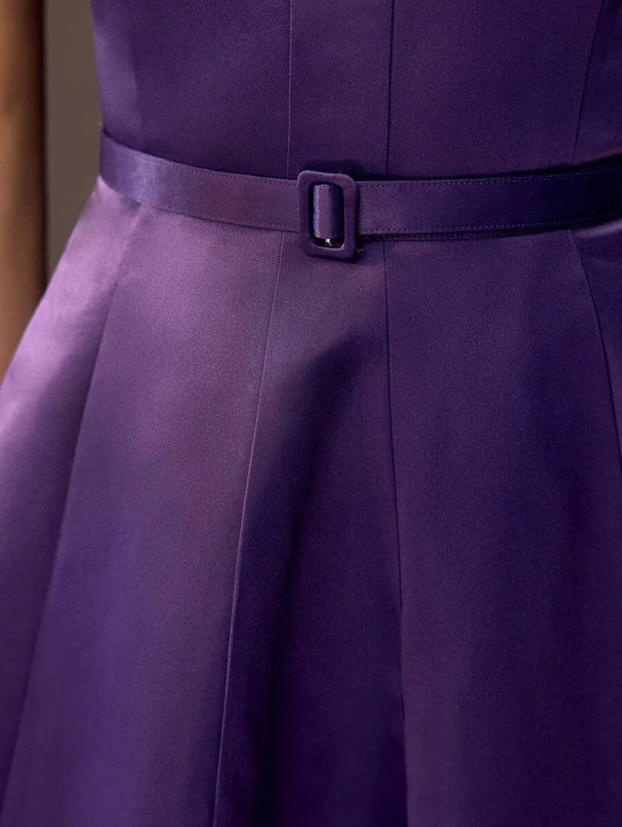 PREMIUM SOLID BUCKLE BELTED FLARE HEM LONG DRESS