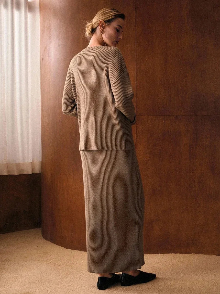 PREMIUM SOLID BUTTON DETAIL SPLIT HEM OVERSIZE SWEATER amp KNIT SKIRT SET