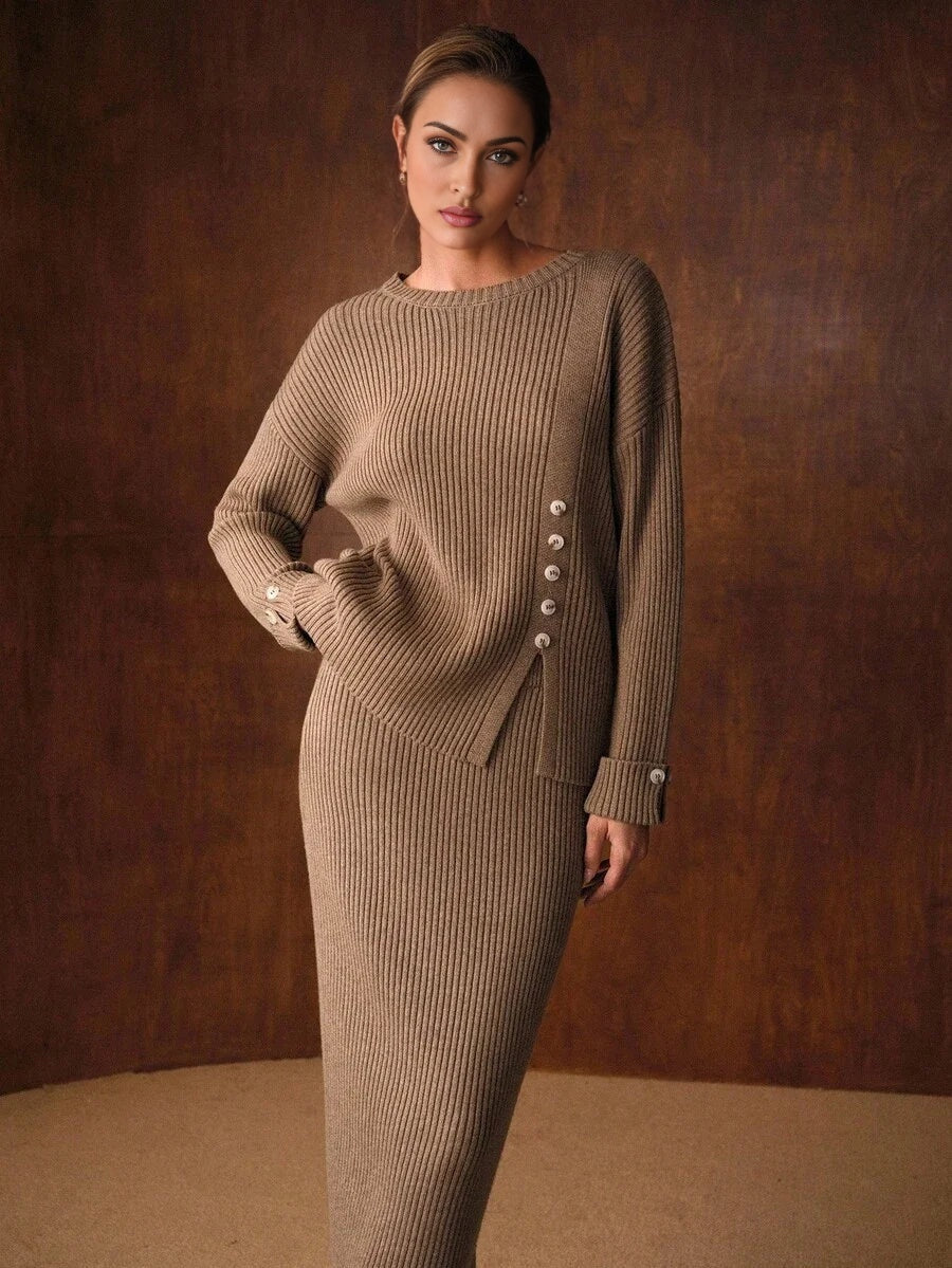 PREMIUM SOLID BUTTON DETAIL SPLIT HEM OVERSIZE SWEATER amp KNIT SKIRT SET