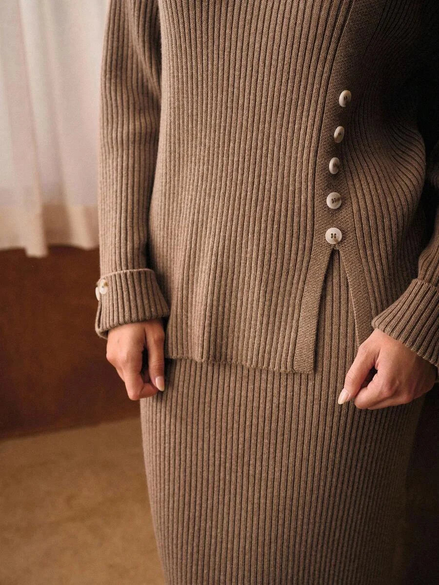 PREMIUM SOLID BUTTON DETAIL SPLIT HEM OVERSIZE SWEATER amp KNIT SKIRT SET