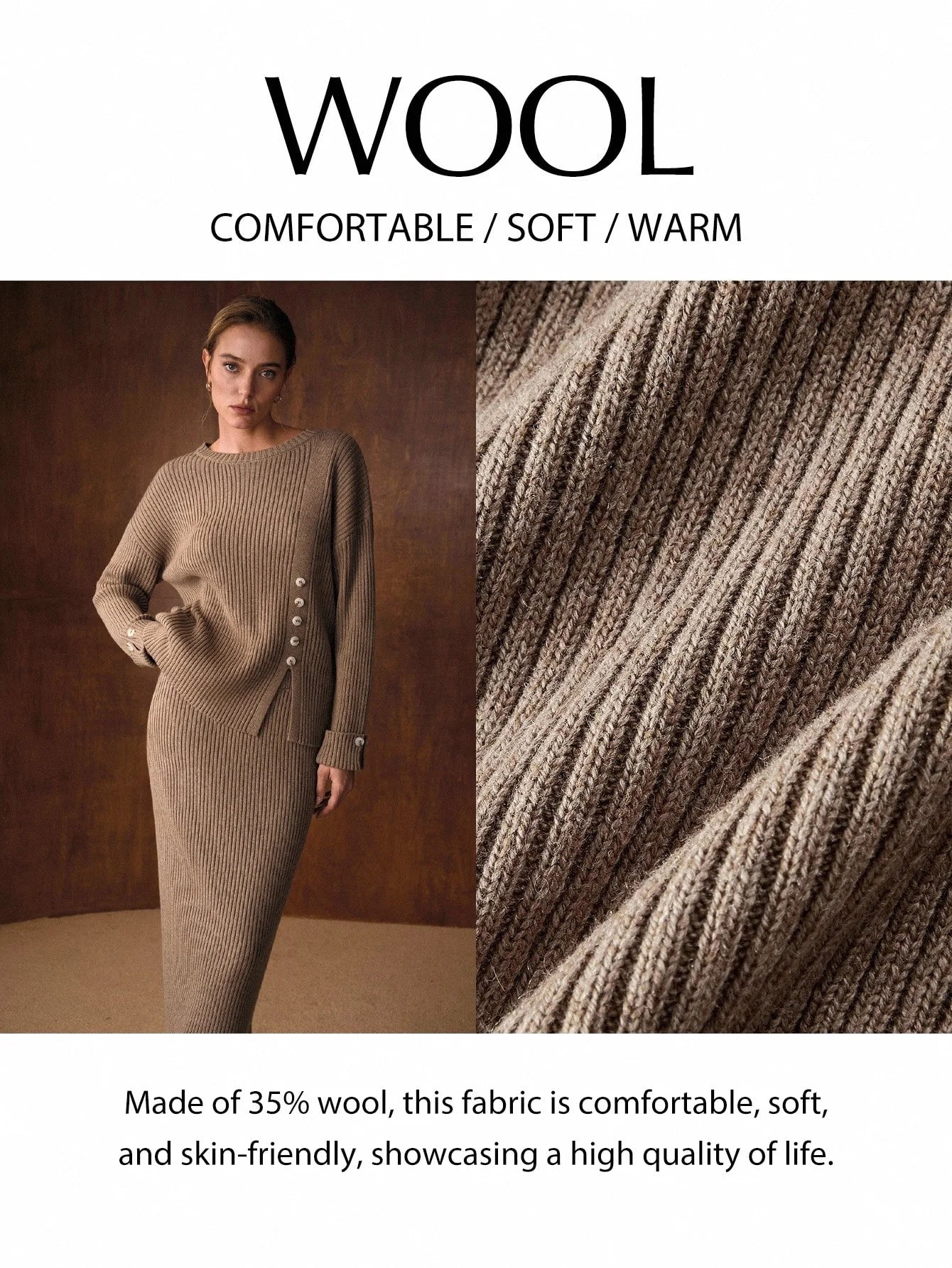 PREMIUM SOLID BUTTON DETAIL SPLIT HEM OVERSIZE SWEATER amp KNIT SKIRT SET