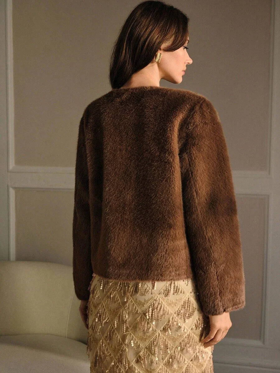 PREMIUM SOLID BUTTON PLACKET FAUX FUR COAT