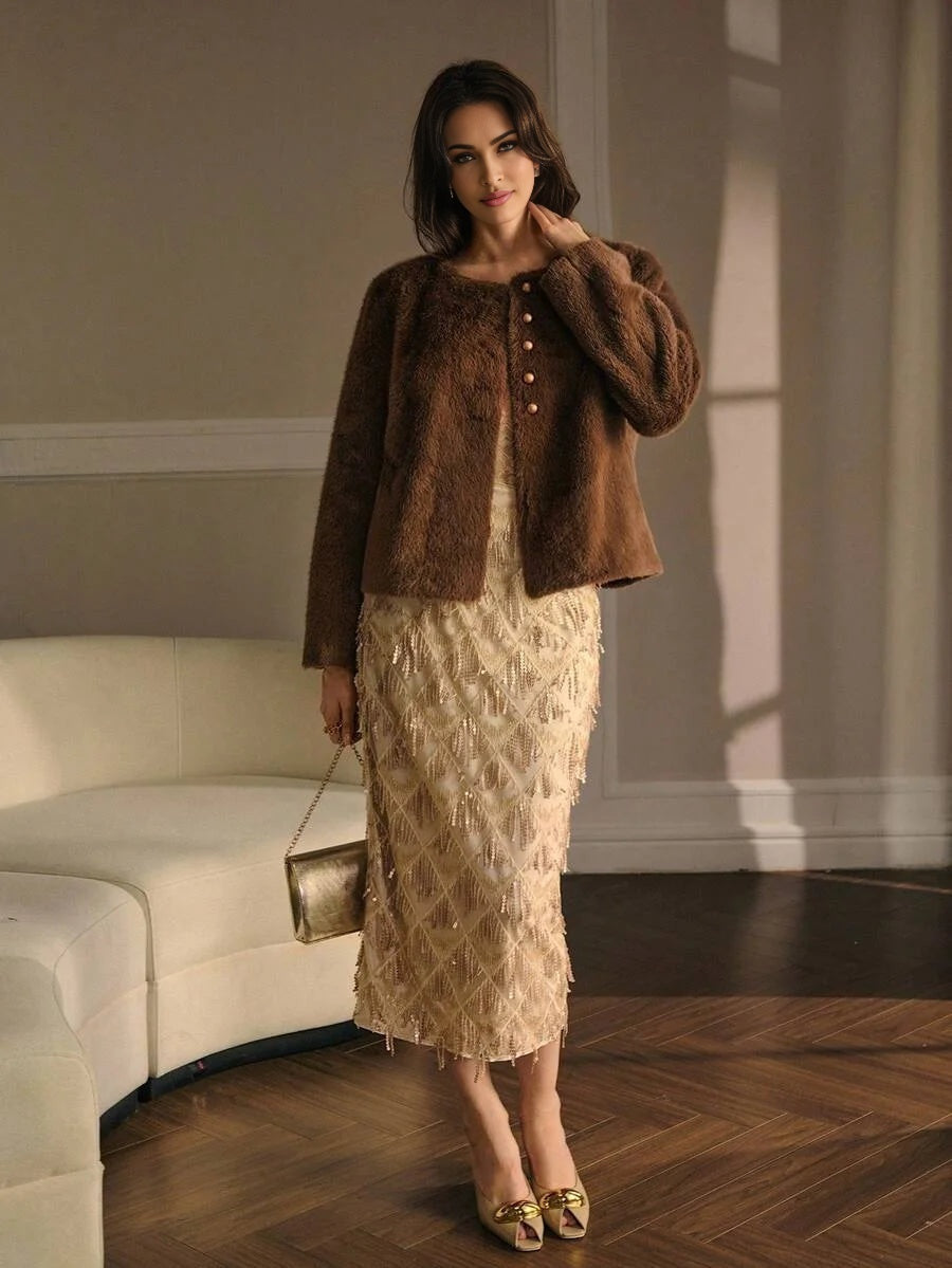 PREMIUM SOLID BUTTON PLACKET FAUX FUR COAT