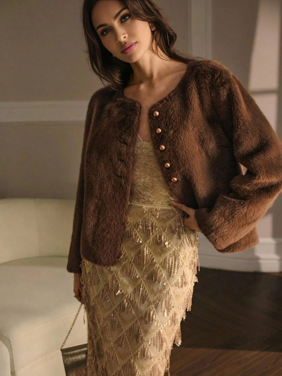 PREMIUM SOLID BUTTON PLACKET FAUX FUR COAT