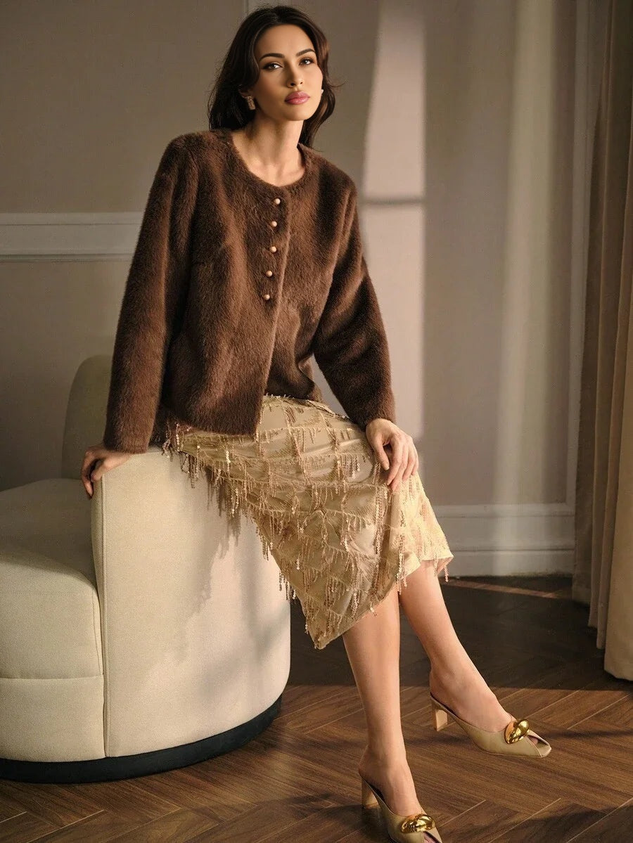 PREMIUM SOLID BUTTON PLACKET FAUX FUR COAT