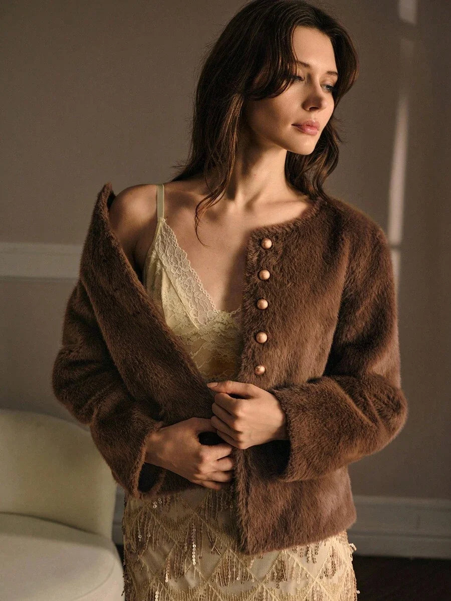 PREMIUM SOLID BUTTON PLACKET FAUX FUR COAT