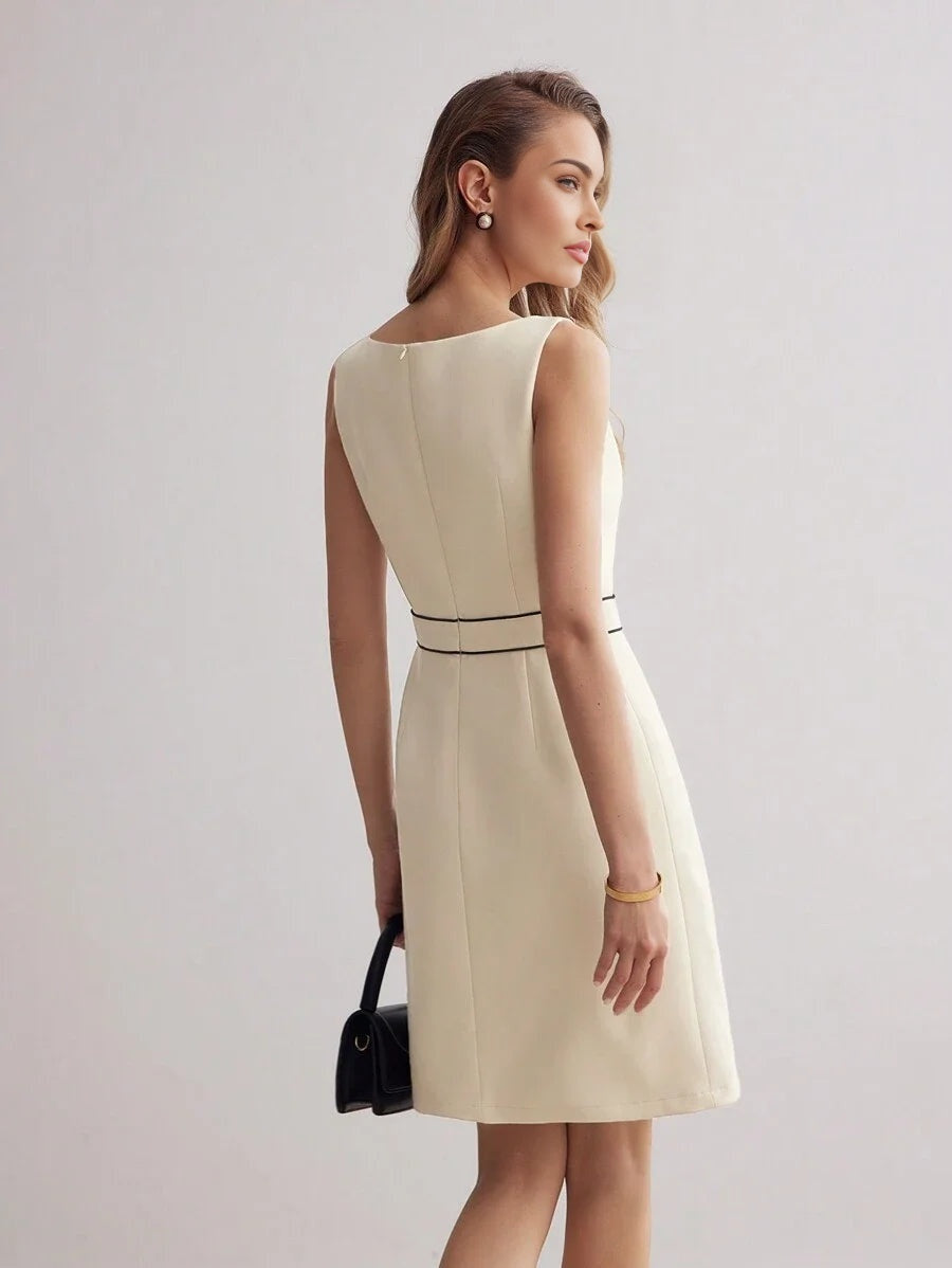 PREMIUM SOLID CHAIN DETAIL CONTRAST PIPING DRESSSUMMER OUTFITS