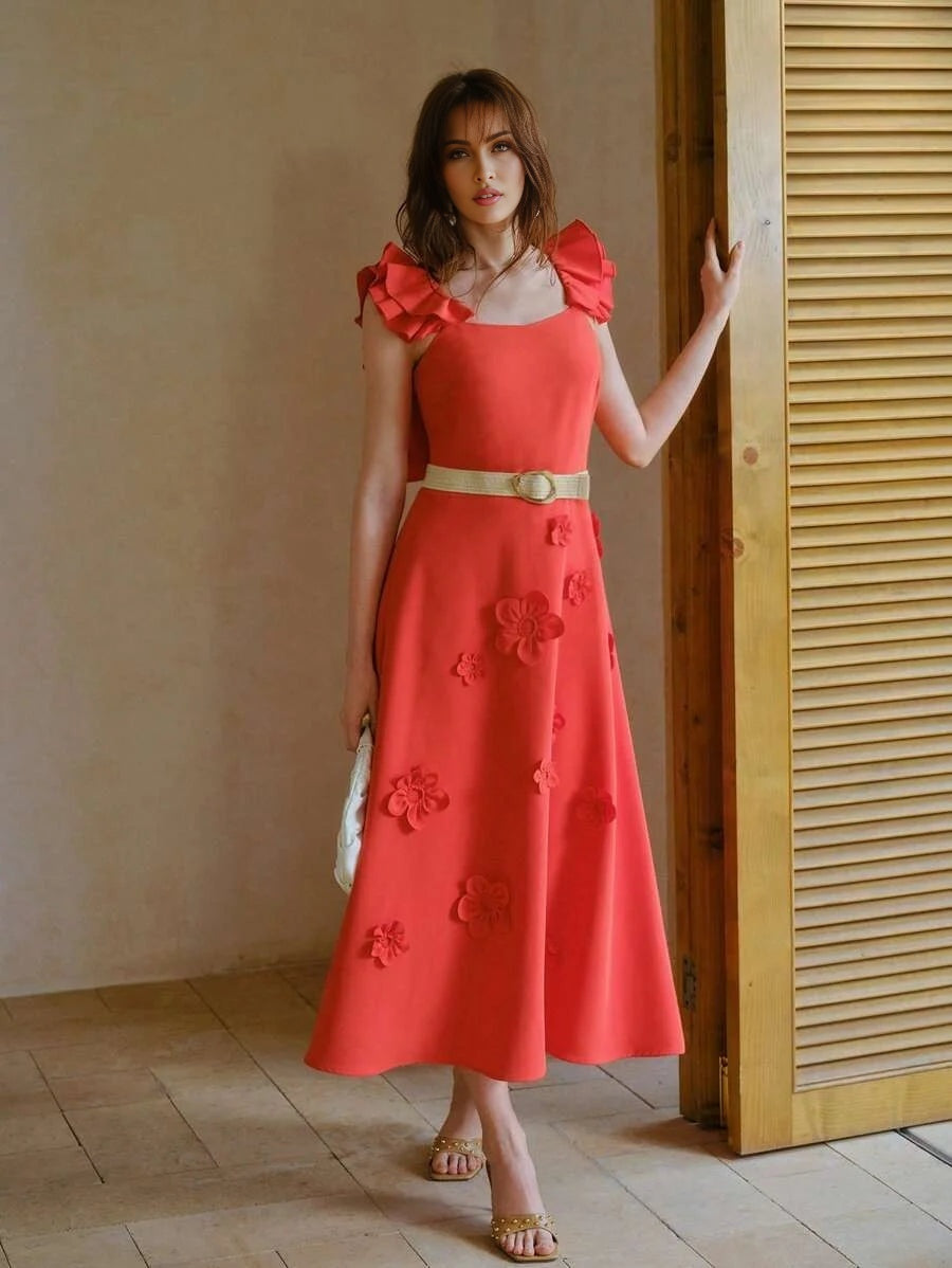 PREMIUM SOLID COLOR 3D FLORAL DECOR RUFFLE SLEEVE CINCHED WAIST MIDCALF DRESS