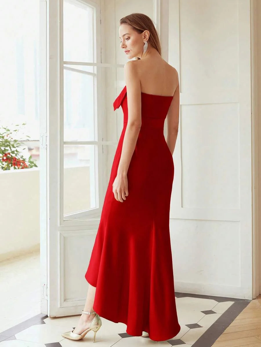 PREMIUM SOLID COLOR WOVEN MERMAID STRAPLESS DRESS FOR WOMEN