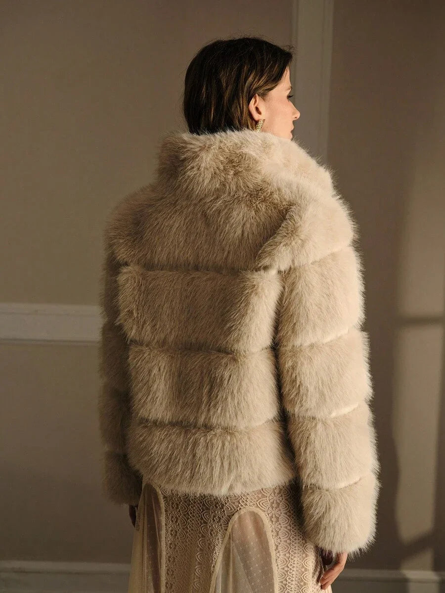 PREMIUM SOLID FASHION HIGH NECK FAUX FUR COAT
