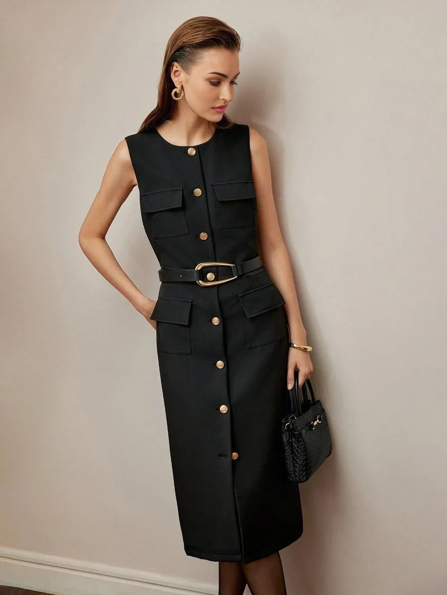 PREMIUM SOLID FLAP DETAIL SINGLE BREASTED PLACKET BELTED MIDI DRESS