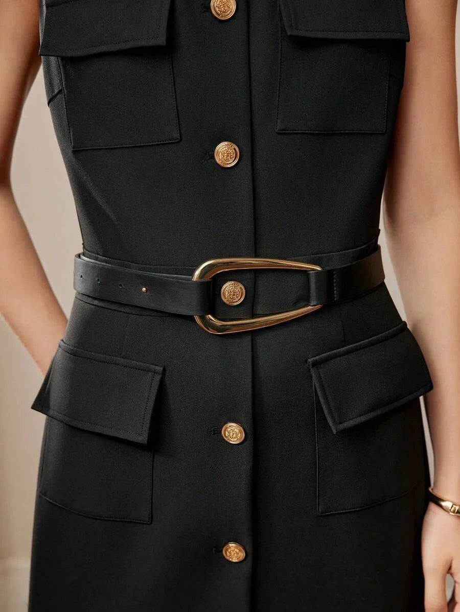PREMIUM SOLID FLAP DETAIL SINGLE BREASTED PLACKET BELTED MIDI DRESS