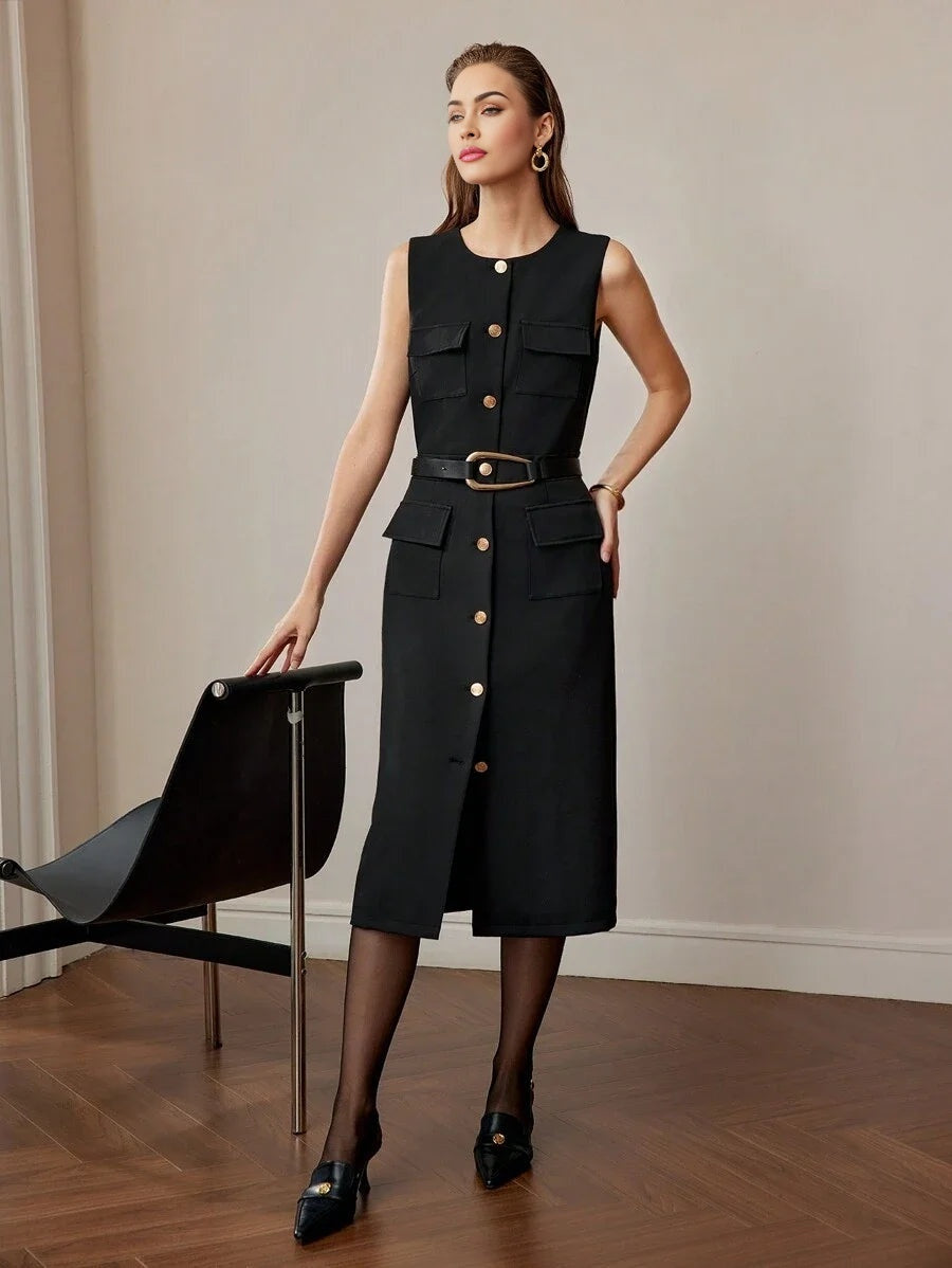 PREMIUM SOLID FLAP DETAIL SINGLE BREASTED PLACKET BELTED MIDI DRESS