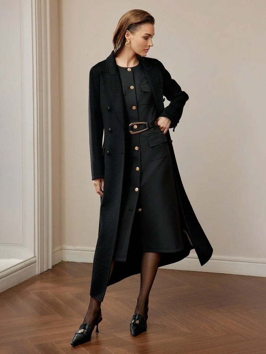 PREMIUM SOLID FLAP DETAIL SINGLE BREASTED PLACKET BELTED MIDI DRESS