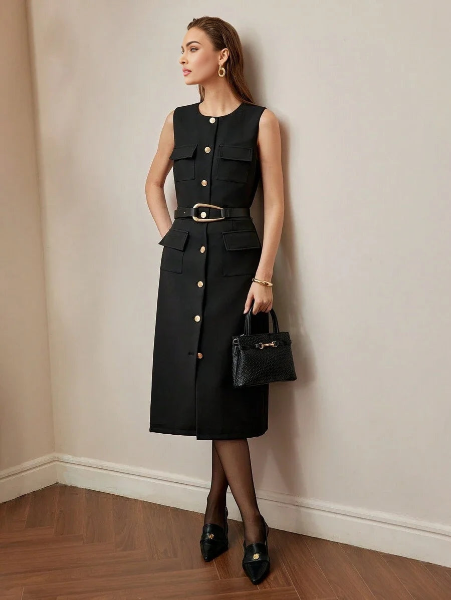 PREMIUM SOLID FLAP DETAIL SINGLE BREASTED PLACKET BELTED MIDI DRESS