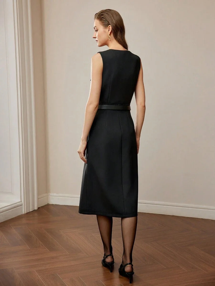 PREMIUM SOLID FLAP DETAIL SINGLE BREASTED PLACKET BELTED MIDI DRESS