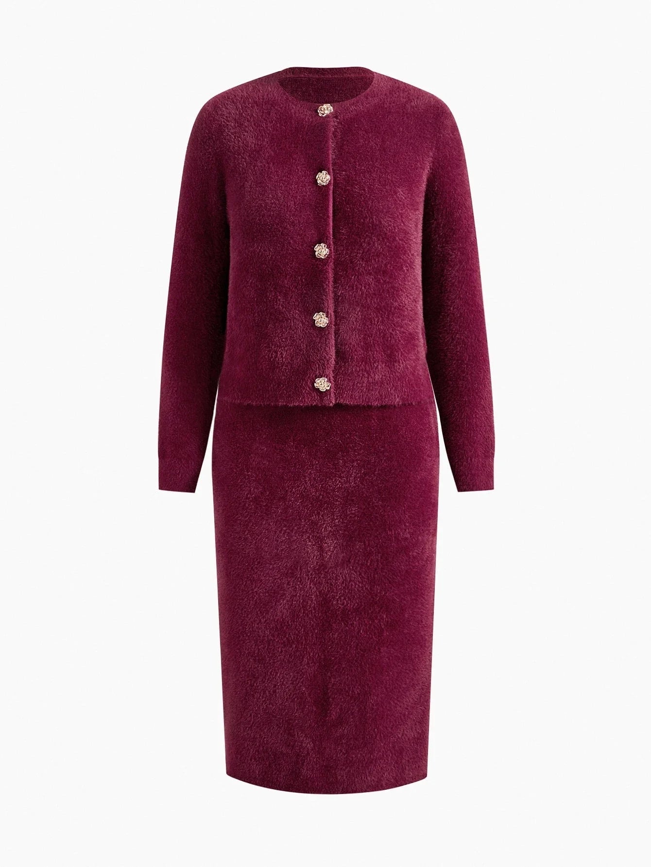 PREMIUM SOLID FLORAL METAL BUTTON PLACKET CARDIGAN amp KNIT SKIRT SET