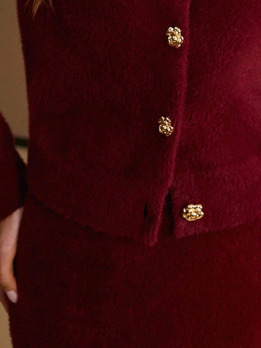 PREMIUM SOLID FLORAL METAL BUTTON PLACKET CARDIGAN amp KNIT SKIRT SET