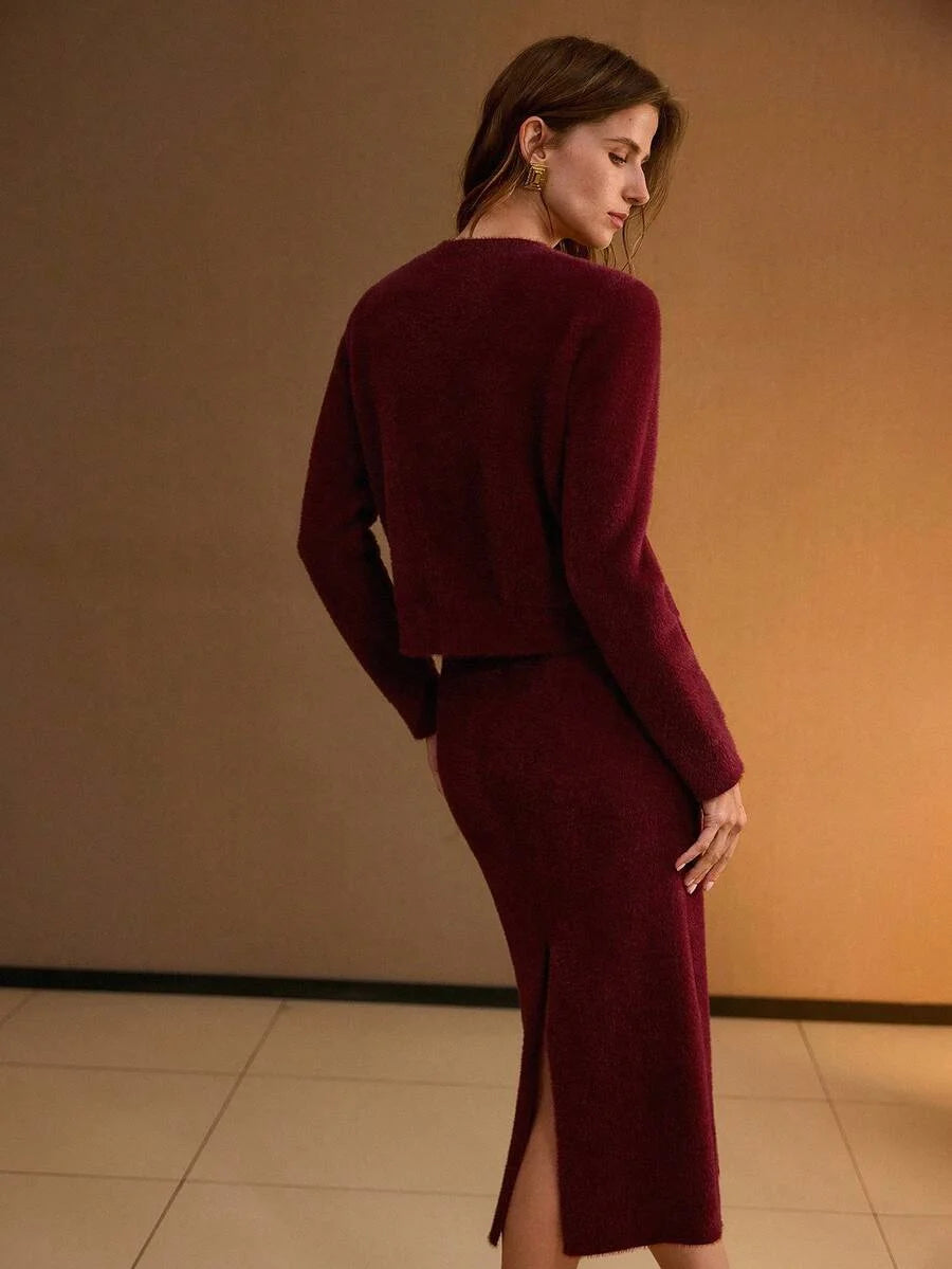 PREMIUM SOLID FLORAL METAL BUTTON PLACKET CARDIGAN amp KNIT SKIRT SET