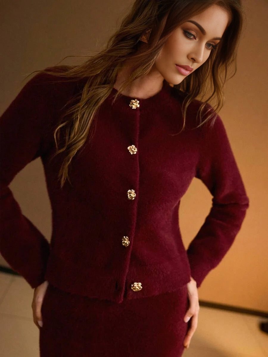 PREMIUM SOLID FLORAL METAL BUTTON PLACKET CARDIGAN amp KNIT SKIRT SET