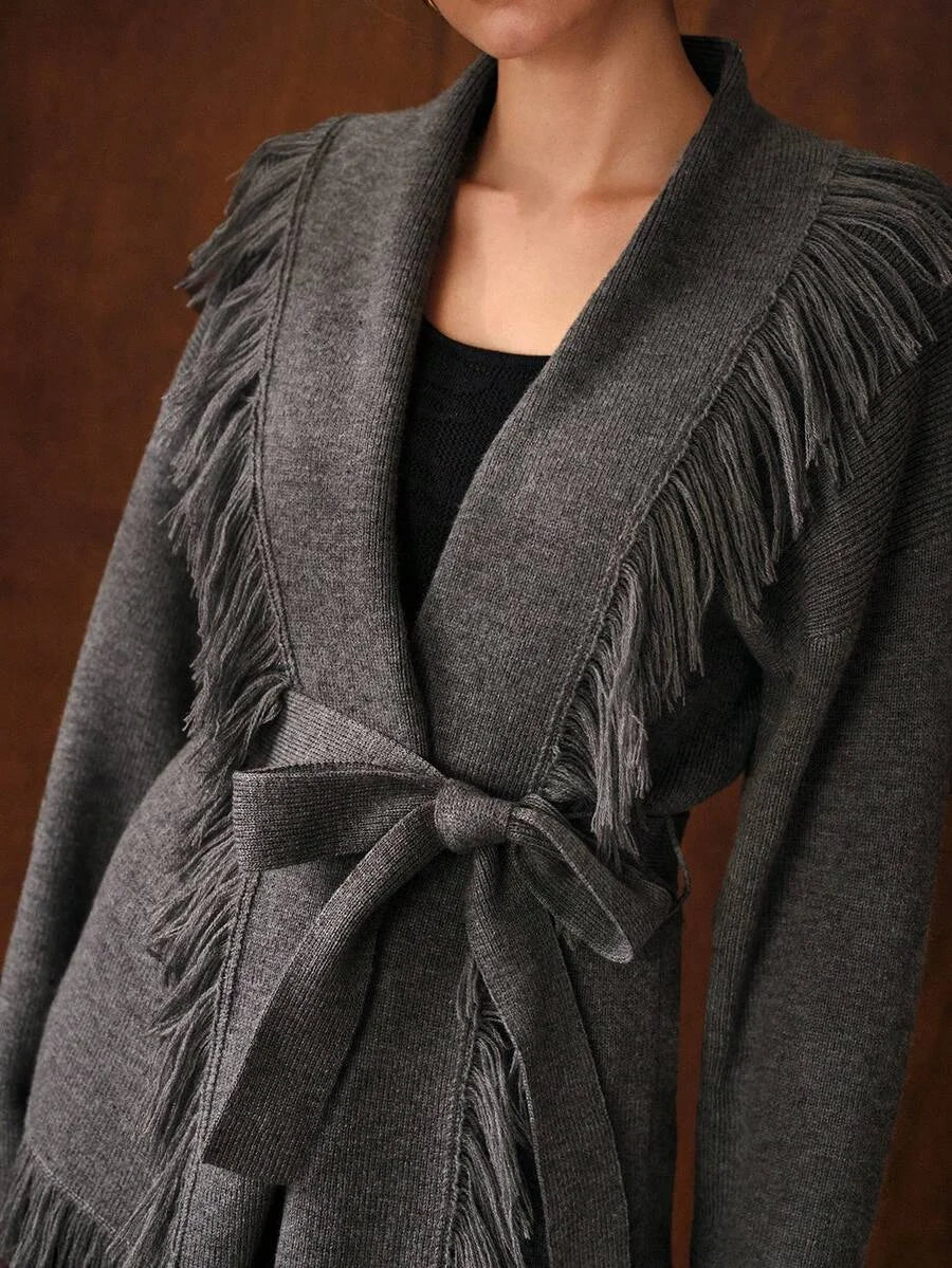 PREMIUM SOLID FRINGE BELTED CARDIGAN FOR AUTUMN amp WINTER