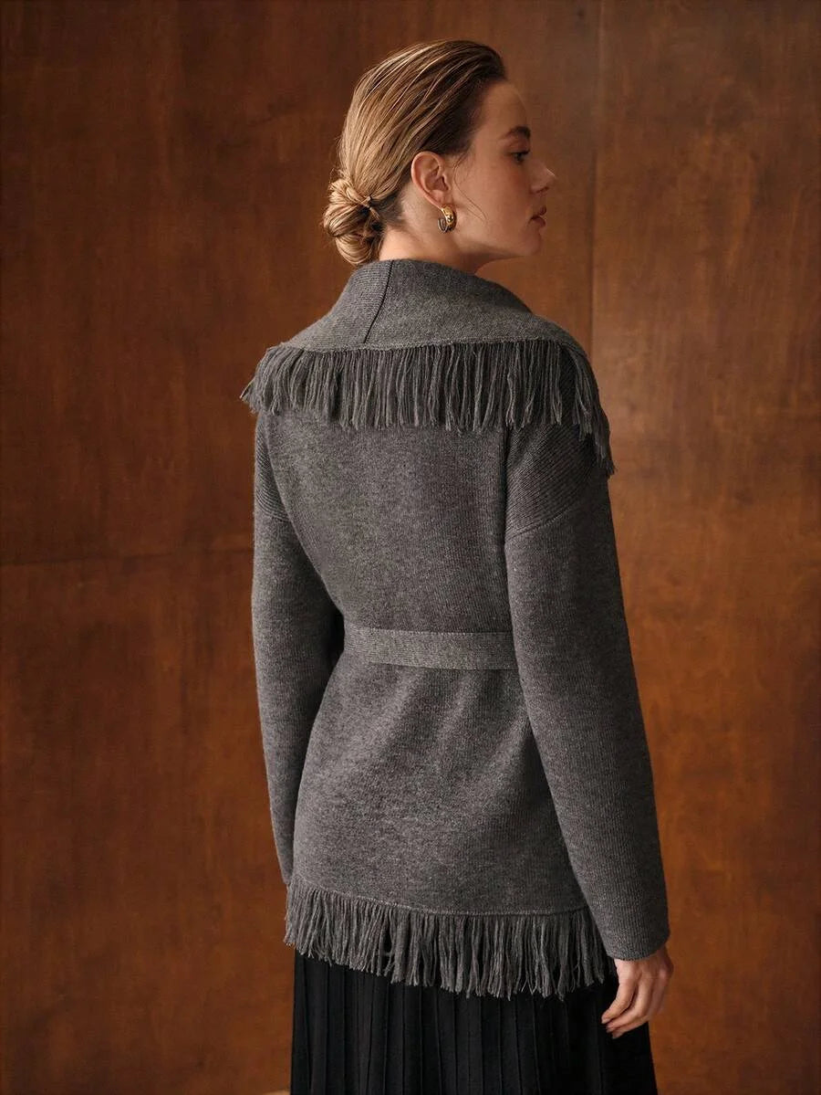 PREMIUM SOLID FRINGE BELTED CARDIGAN FOR AUTUMN amp WINTER