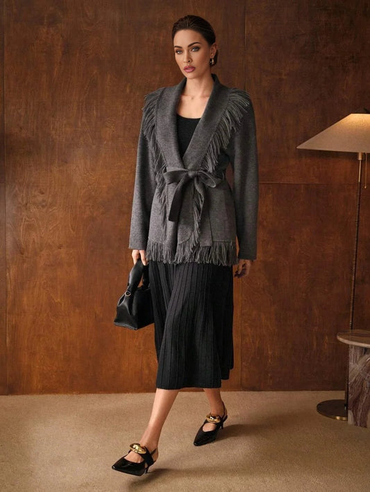 PREMIUM SOLID FRINGE BELTED CARDIGAN FOR AUTUMN amp WINTER