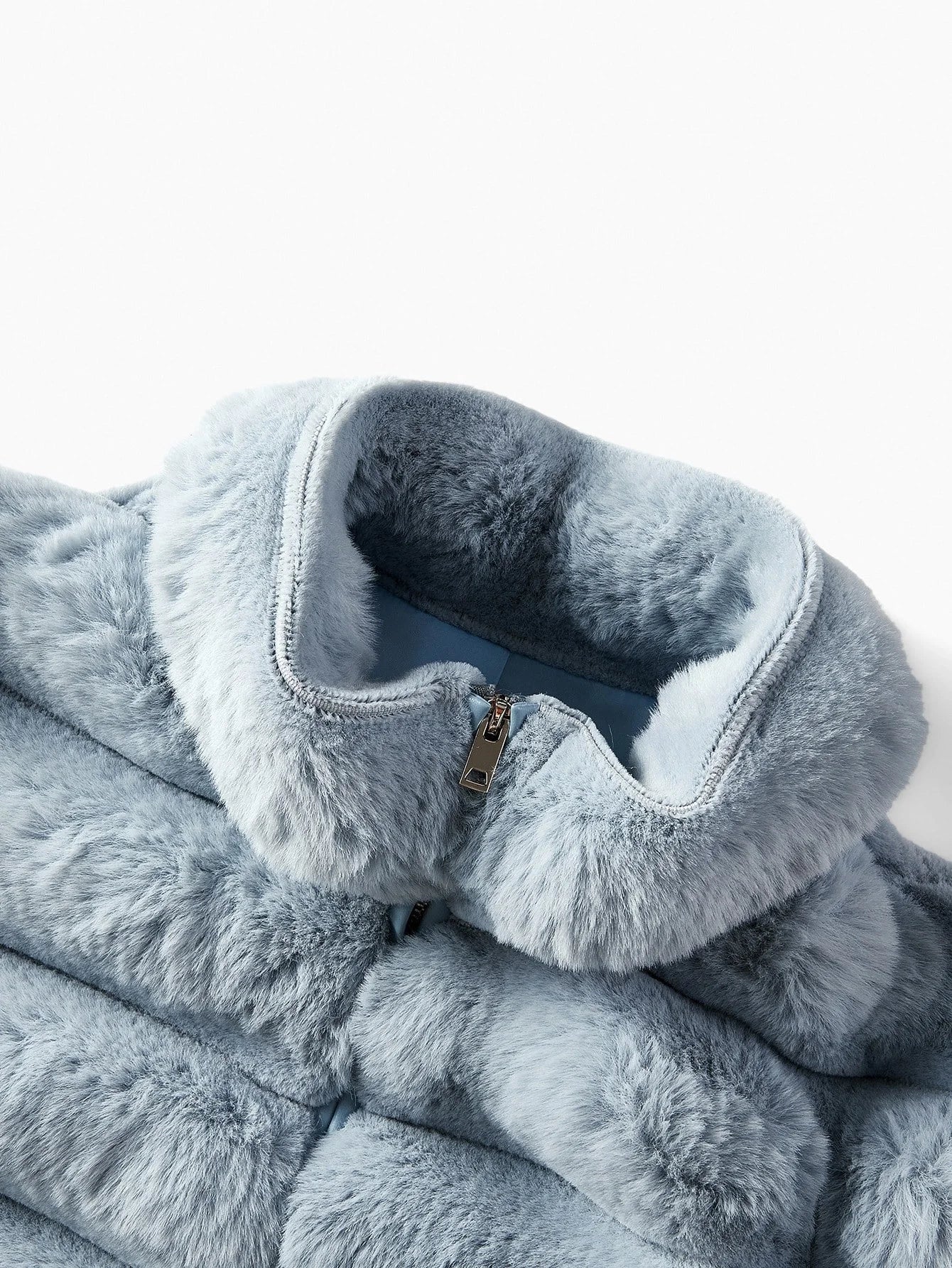 PREMIUM SOLID HIGH NECK ZIP PLACKET FAUX FUR COAT