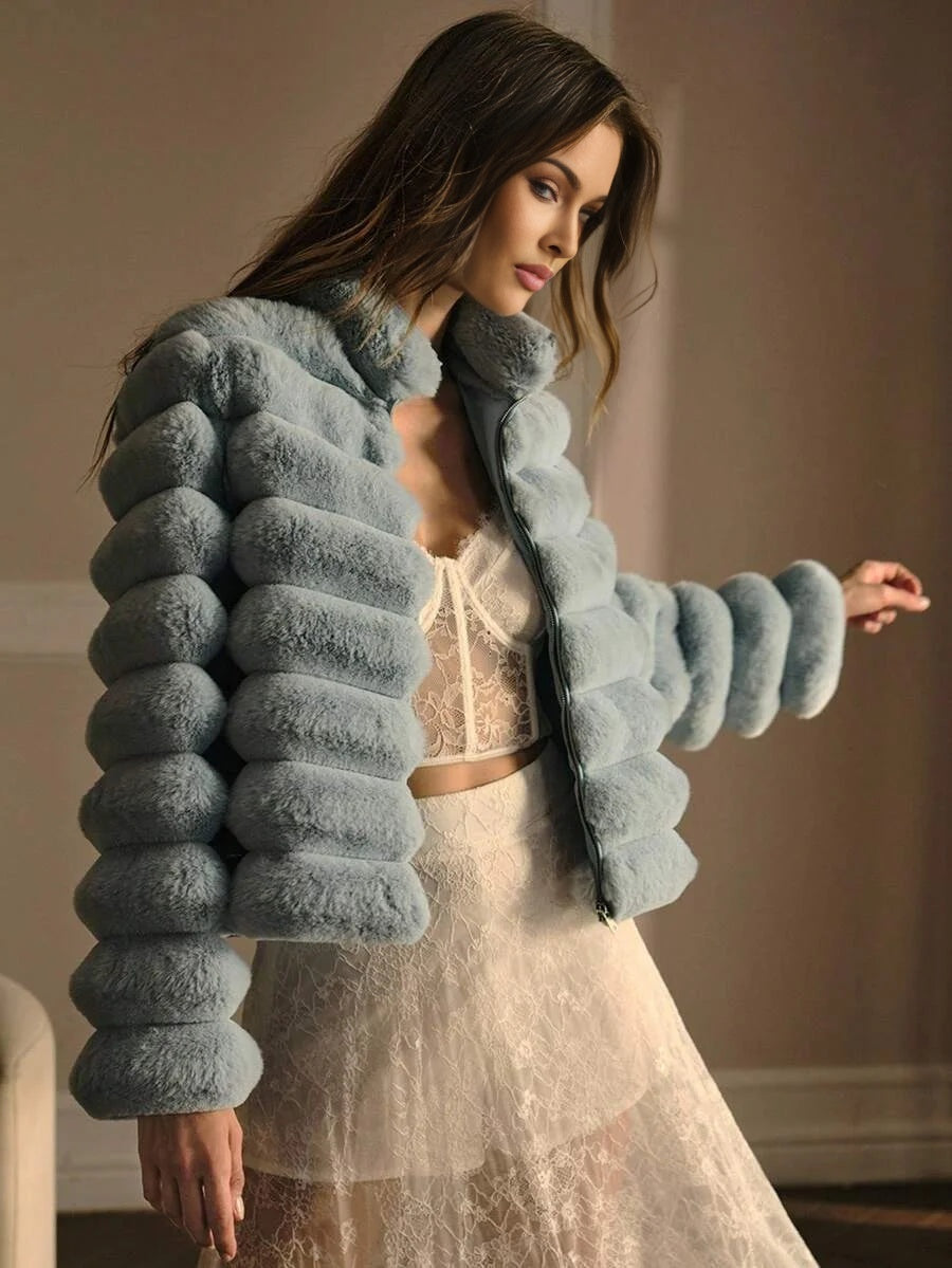 PREMIUM SOLID HIGH NECK ZIP PLACKET FAUX FUR COAT