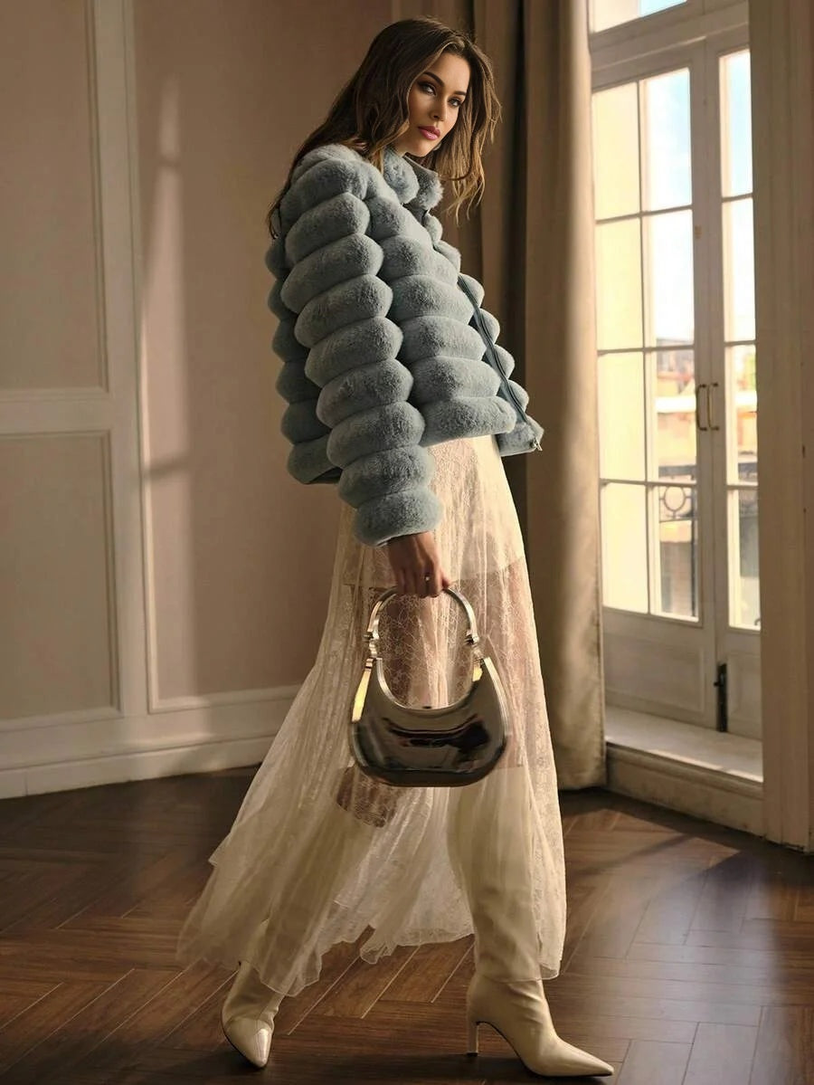 PREMIUM SOLID HIGH NECK ZIP PLACKET FAUX FUR COAT