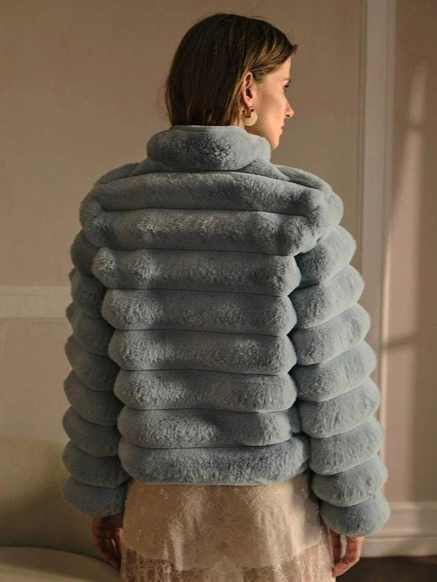 PREMIUM SOLID HIGH NECK ZIP PLACKET FAUX FUR COAT