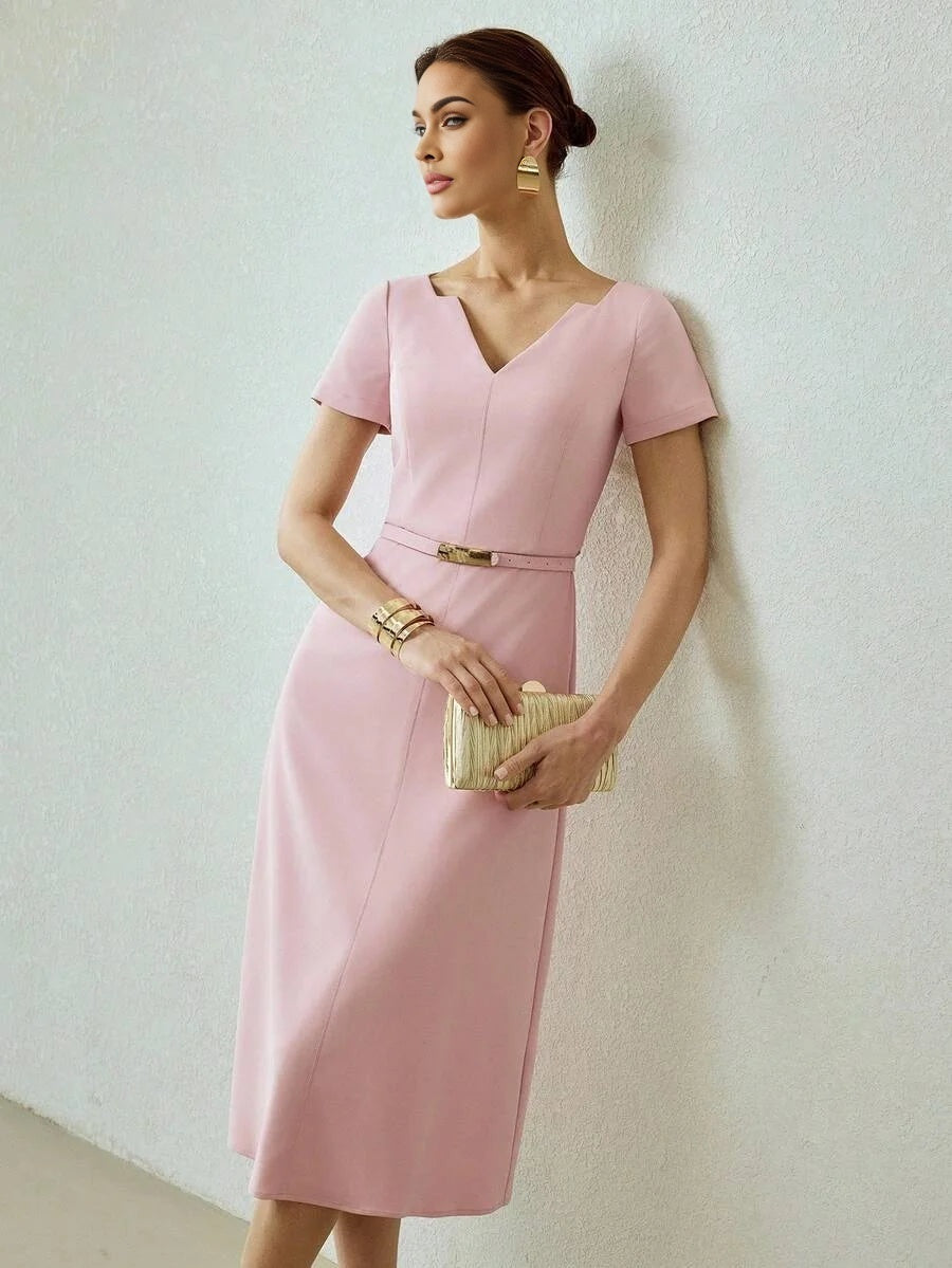 PREMIUM SOLID NOTCH NECK BELTED ZIPPER MIDI DRESS