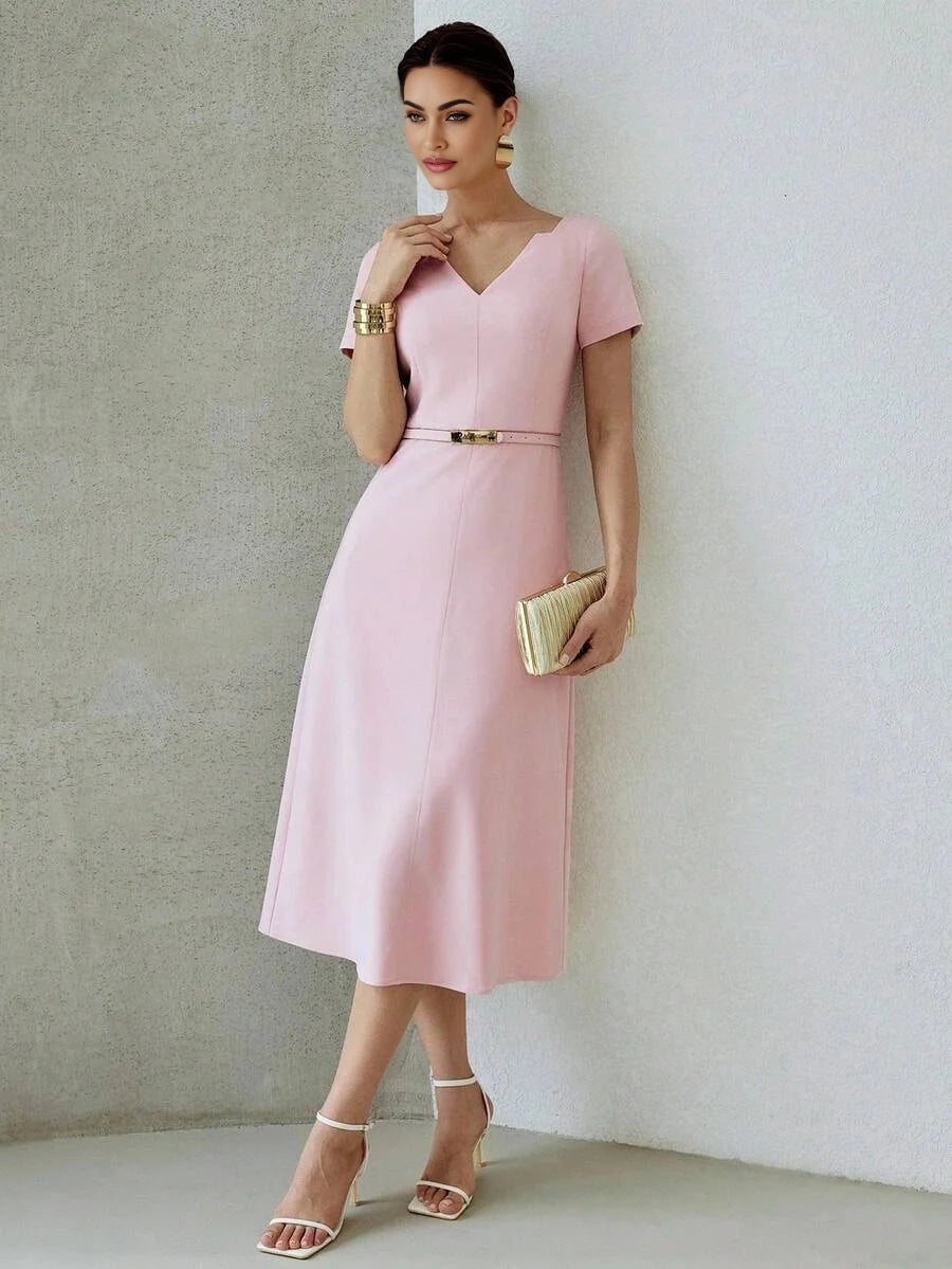 PREMIUM SOLID NOTCH NECK BELTED ZIPPER MIDI DRESS