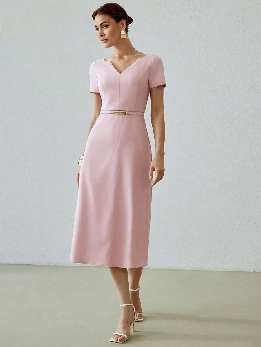 PREMIUM SOLID NOTCH NECK BELTED ZIPPER MIDI DRESS