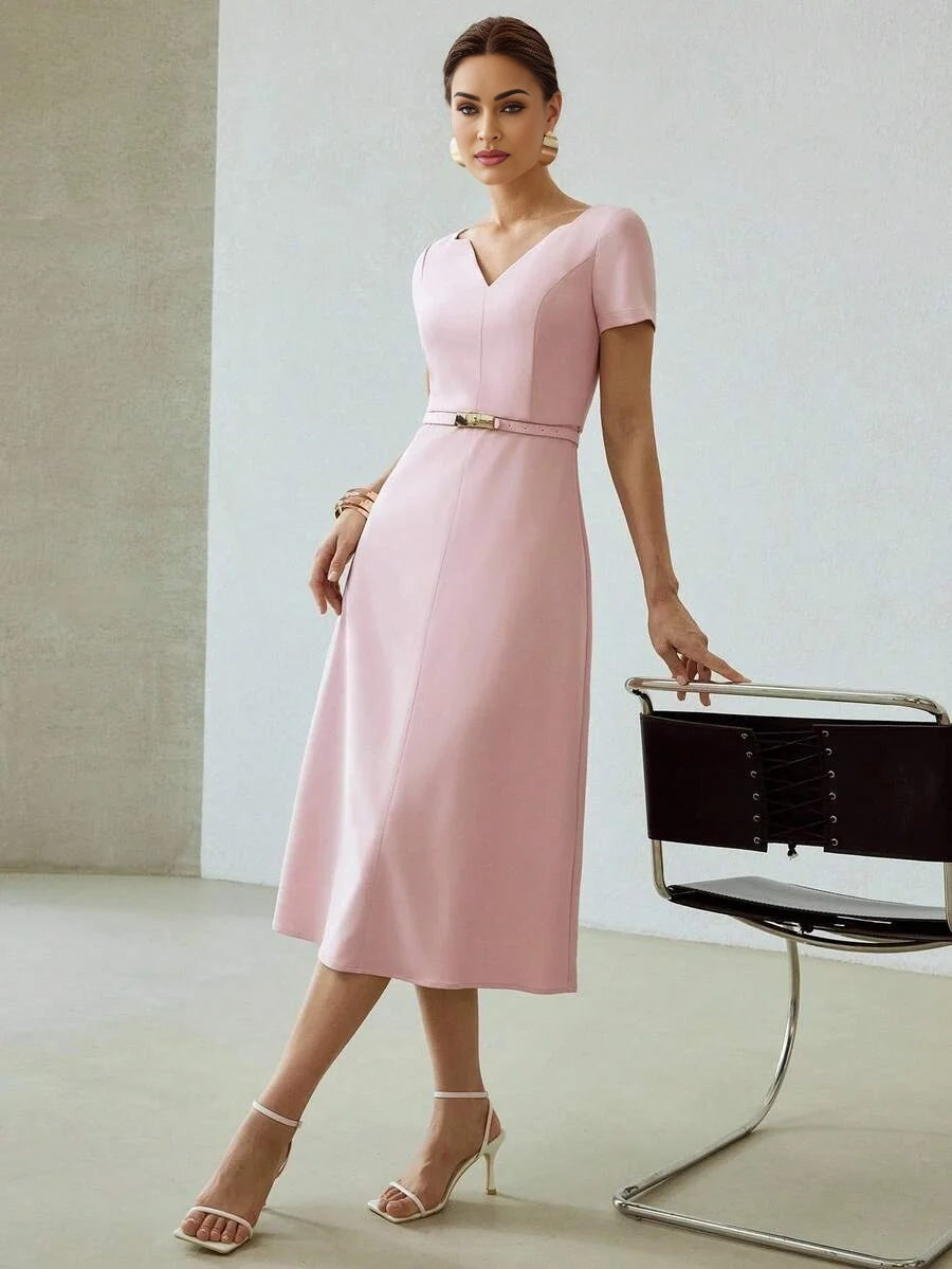 PREMIUM SOLID NOTCH NECK BELTED ZIPPER MIDI DRESS