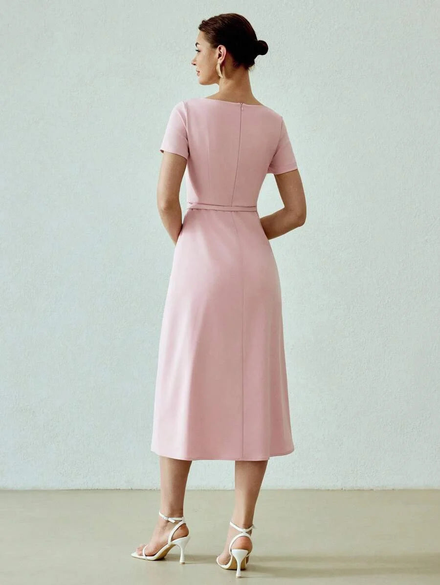 PREMIUM SOLID NOTCH NECK BELTED ZIPPER MIDI DRESS