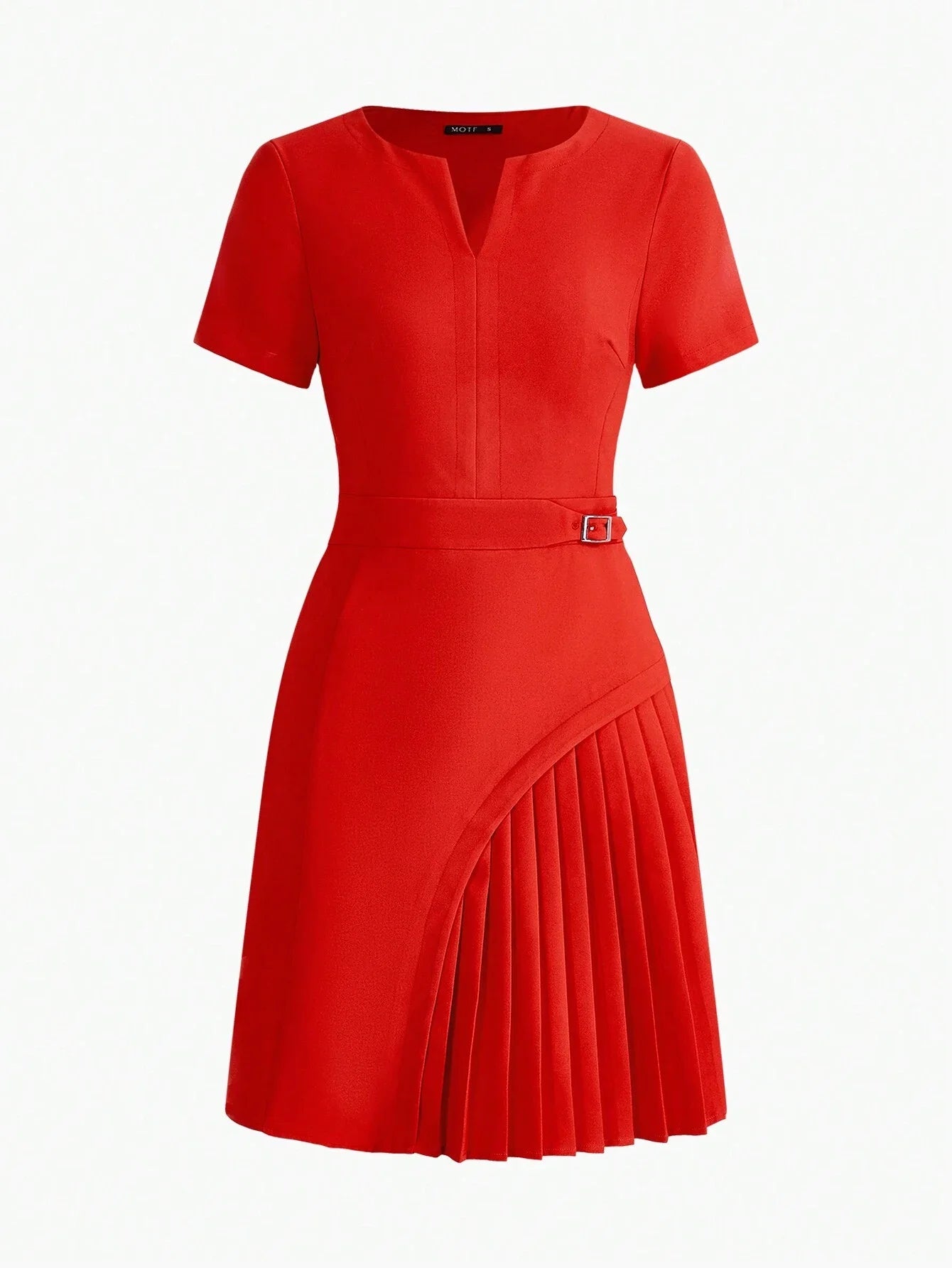 PREMIUM SOLID NOTCH NECK BUCKLE WAIST PLEATED PANEL DRESSSUMMER OUTFITS