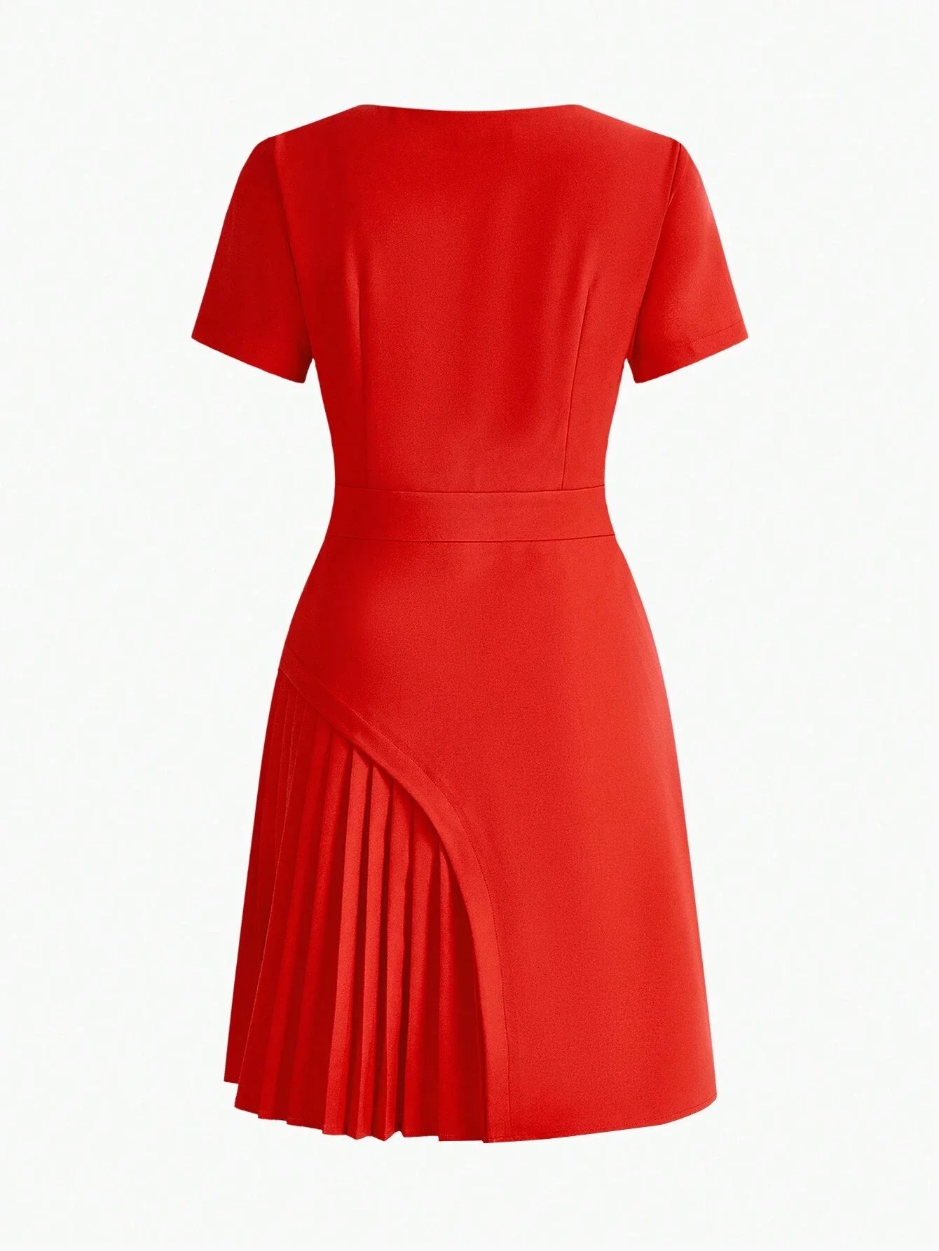 PREMIUM SOLID NOTCH NECK BUCKLE WAIST PLEATED PANEL DRESSSUMMER OUTFITS