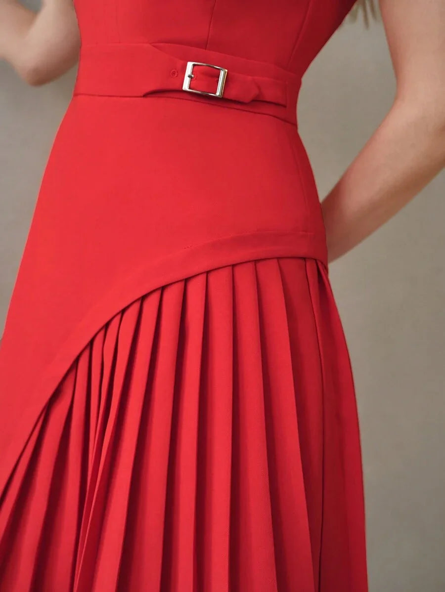 PREMIUM SOLID NOTCH NECK BUCKLE WAIST PLEATED PANEL DRESSSUMMER OUTFITS