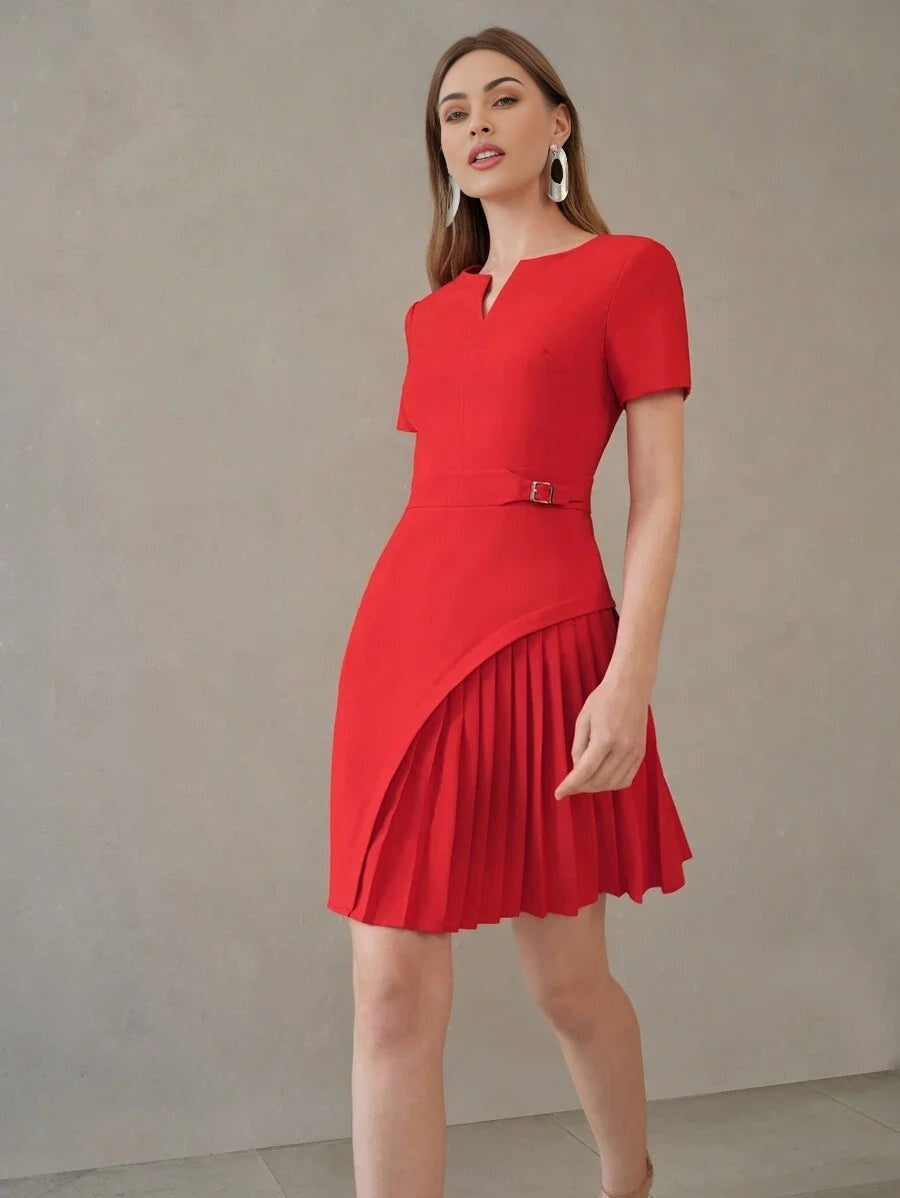 PREMIUM SOLID NOTCH NECK BUCKLE WAIST PLEATED PANEL DRESSSUMMER OUTFITS
