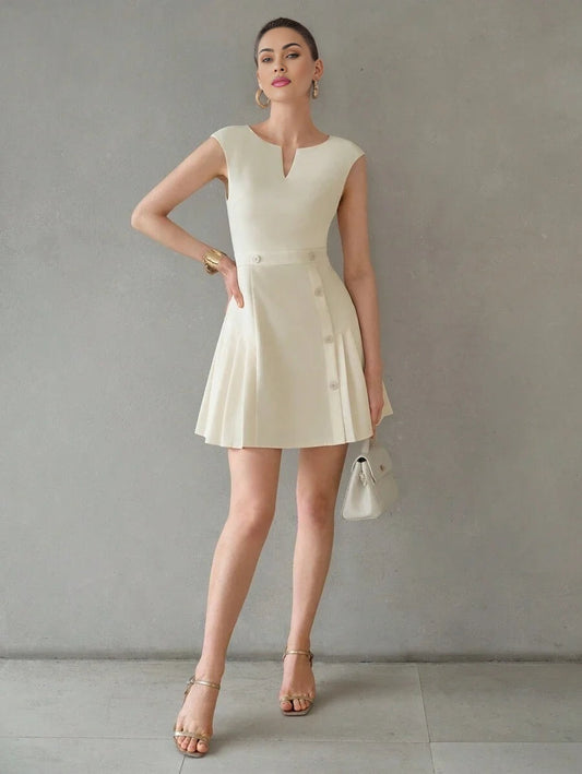 PREMIUM SOLID NOTCH NECK BUTTON DETAIL FOLD PLEATED HEM DRESSSUMMER OUTFITS