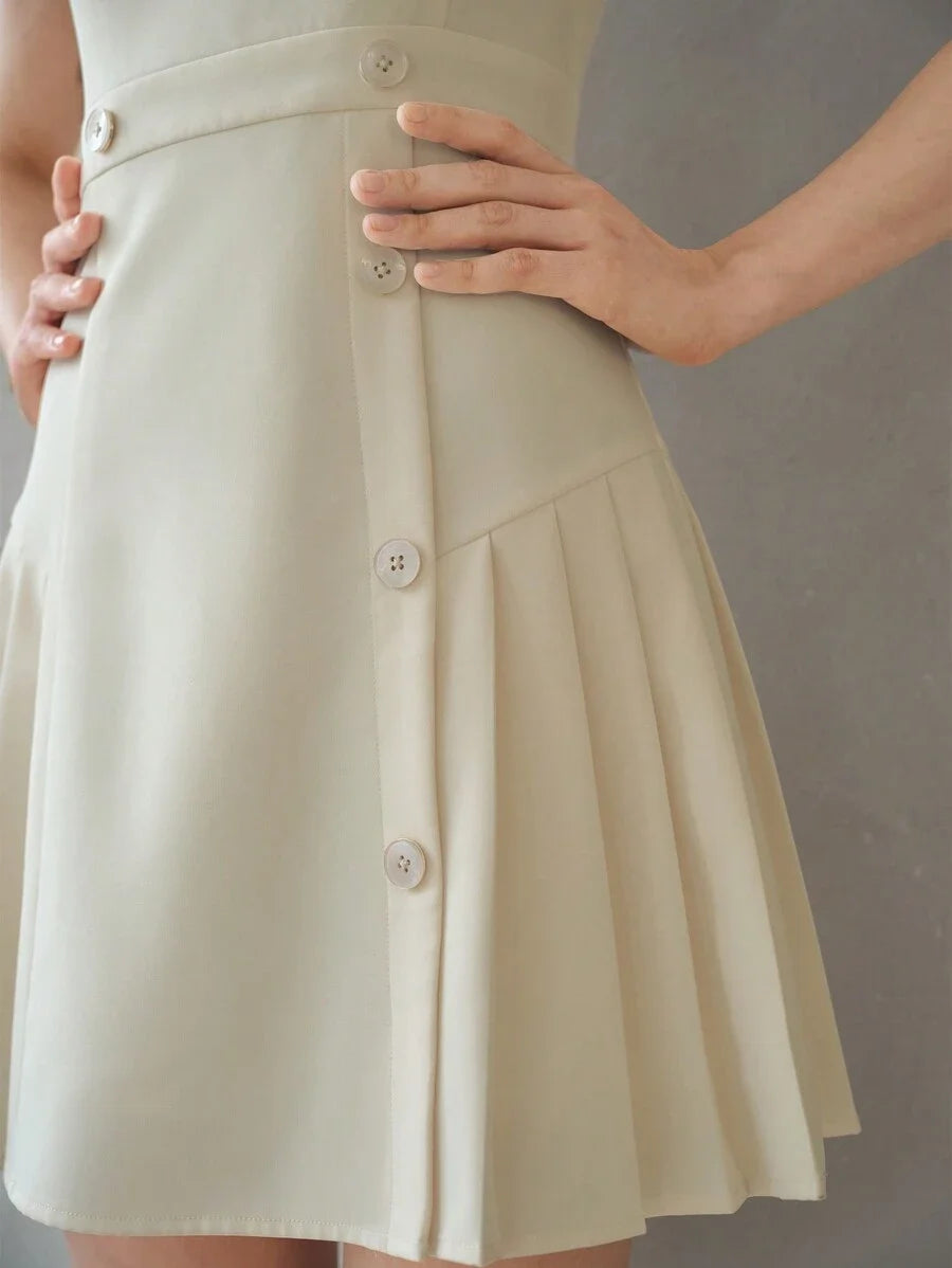 PREMIUM SOLID NOTCH NECK BUTTON DETAIL FOLD PLEATED HEM DRESSSUMMER OUTFITS